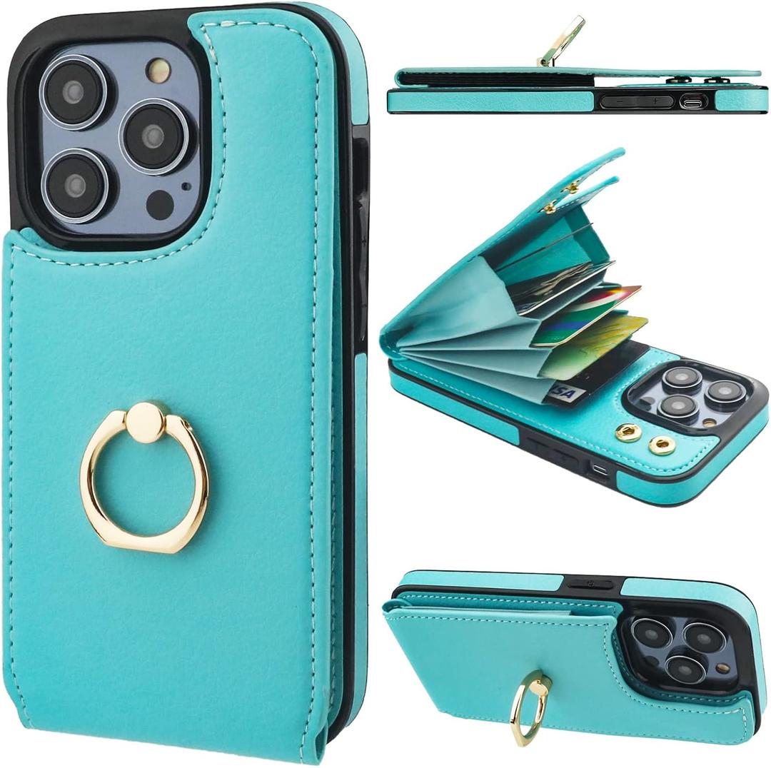 Folosu Compatible with iPhone 14 Pro Case Wallet with Card Holder, 360Rotation Finger Ring Holder Kickstand, RFID Blocking Leather Protective Double Buttons Shockproof Cover 6.1 Inch Green