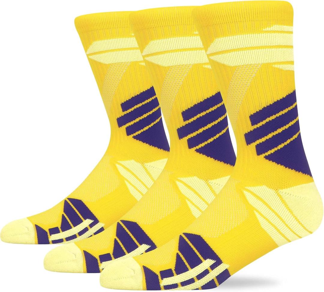 MAKABO Men's Cushioned Athletic Socks 3-Pack, Cushioned Crew Socks with Arch Compression for Sports (Yellow)