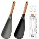 FINENUT 2-Pack Silicone Cooking Spoons with Wood Handle & S-Hooks - Heat Resistant 446°F Spoonula for Nonstick Cookware - BPA Free Multifunction Spatula Spoon for Mixing, Scooping&Serving (Black&Gray)
