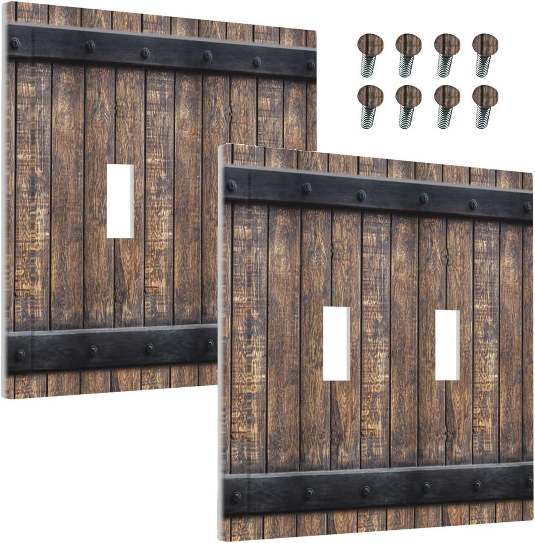 Decorative Light Switch Cover Rustic Barn Door Vintage Country Wood Board 2 Gang Wall Plate Double Toggle Switch Plate Receptacle Electrical Outlet Cover Switchplate for Farmhouse Cabin2 Pack