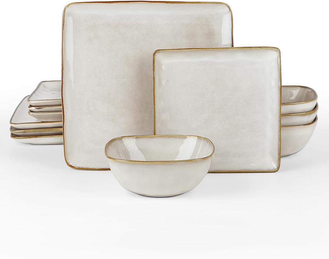 Famiware Dinnerware Sets for 4, Ocean Square 12-Piece Kitchen Plates and Bowls Sets, Reactive Glaze, Microwave and Dishwasher Safe, Scratch Resistant, Cappuccino White