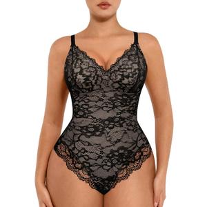 FeelinGirl Shapewear Bodysuits for Women Lace Shapewear Tummy Control V-Neck Sleeveless Bodysuit Tops Jumpsuit (Medium, Black)