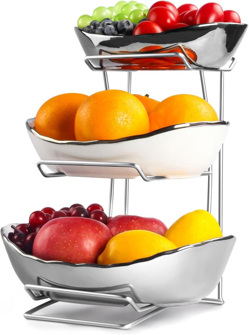 Fruit Bowl for Kitchen Counter, 3 Tier Fruit Basket for Counter, Ceramic Fruit Holder, Tiered Fruit Stand with Metal Stand, Detachable Rack for Fruit Vegetable Snack Dessert Storage (Silver)