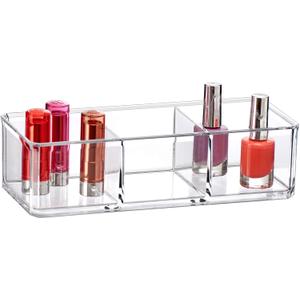 Amazing Abby - Glamour - Acrylic 3-Compartment Makeup Organizer, Transparent Plastic Lipstick Holder, Perfect Bathroom Vanity Storage Solution for Lipsticks, Nail Polishes, and More