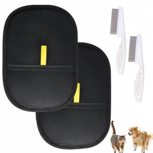 2 Pcs Pet Hair Removal Gloves for Dogs & Cats - Reusable Electrostatic Deshedding Gloves with 2 Brushes for Furniture, Car, Carpet, Bedding
