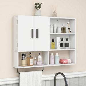 Medicine Cabinet, Wooden Bathroom Wall Cabinet with 2 Doors, Adjustable Shelves & Towel Bar, Over Toilet Storage Cabinet Wall Mounted for Kitchen & Laundry, White
