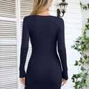 VICHYIE Women Dress Cutout Neck Bodycon Keyhole Ribbed Long Sleeve Tight Fall Mid Thigh Pencil Above Knee Mini Dresses Navy XL (Blue, XL)