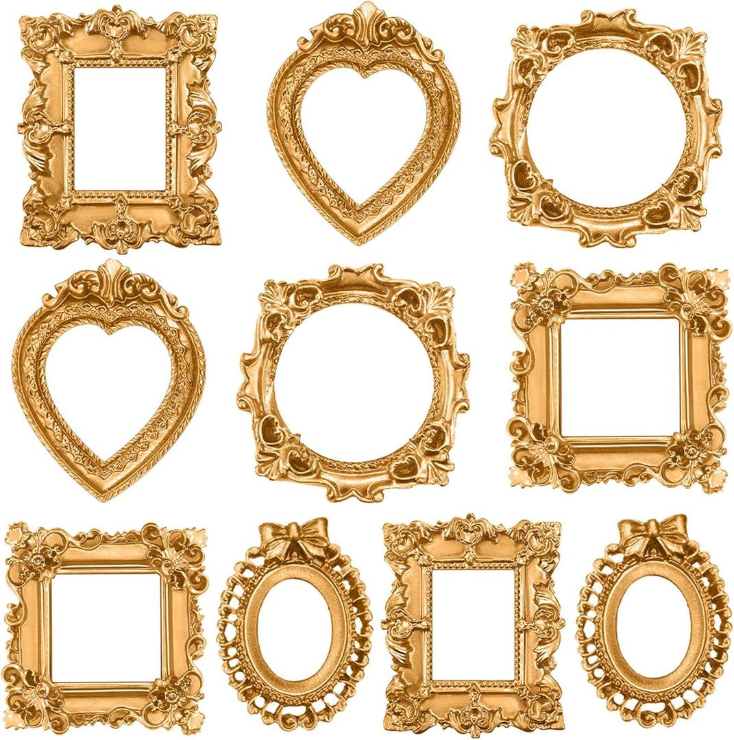 Small Vintage Resin Picture Frames, Gold Antique Photo Frame, Mini Oval Rectangle Wall Hanging Picture Frame for Christmas Home Jewelry Display Photography Props Decor (Gold Rectangle B) 10 Pieces