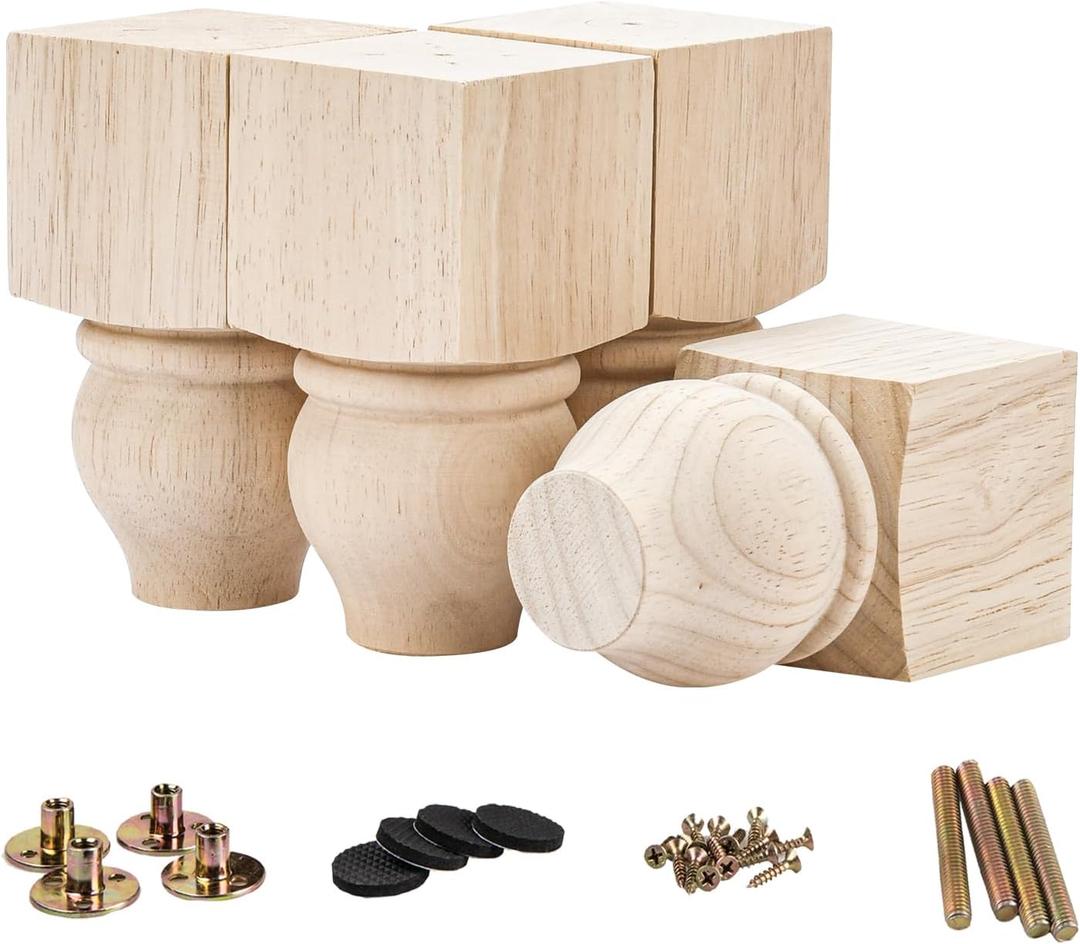 La Vane 5 inch / 12cm Wooden Furniture Legs, Set of 4 Solid Wood Carved Geometry Unfinished Replacement Bun Feet with Mounting Plate & Screws for Sofa Cabinet Couch Table TV Stand
