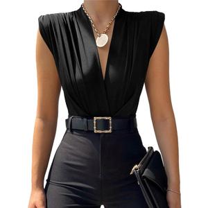 LYANER Women's Wraped V Neck Ruched Sleeveless Tank Leotard Bodysuit Top (Large, Black)