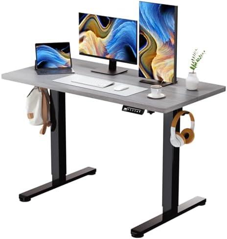 JYLH JOYSEEKER Grey Standing Desk, 48 X 24 Inch Adjustable Height Electric Sit Stand With 2 Hooks, Ergonomic Rising With Splice Board