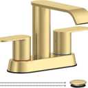 Homevacious Brushed Gold Bathroom Faucets Waterfall 4 Inch Centerset Bathroom Sink Faucet Stainless Steel with Pop up Sink Drain Stopper Supply Hose Basin Mixer Tap for Vanity RV 2 or 3 Hole Sink