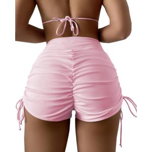 Women's V Cross High Waisted Swim Shorts Ruched Side Tie Boy Shorts Swimsuit Bottoms with Liner (X-Large, Pink)