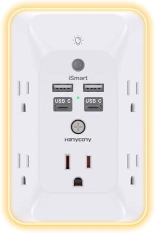 Multi Plug Outlet, HANYCONY Outlet Extender with 4 USB Ports (2 USB C) and Night Light, 1050J Surge Protector, Wall Mount, Outlet Splitter for Bathroom Kicthen Camper Dorm Room Essentials