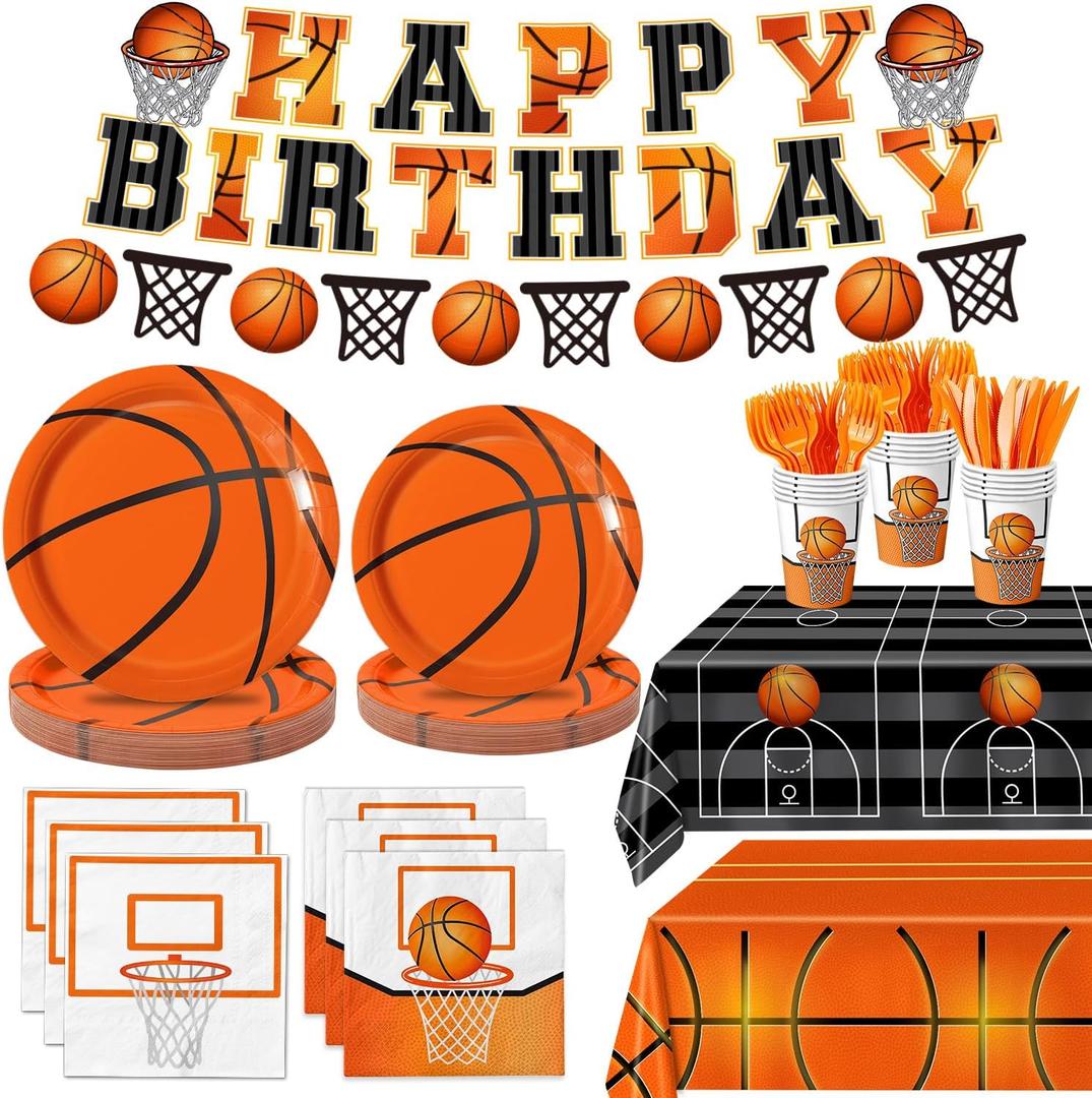 147 PCS Basketball Party Decorations - Basketball Party Supplies - Plates, Napkins, Cups, Cutlery, Banner, Tablecloths for Basketball Birthday Party Decorations, Serves 24