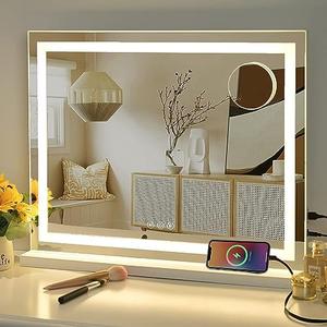 Sucedey Vanity Mirror with Lights, 23" x 18" Makeup Mirror, Hollywood Mirror with 3 Color Modes & Adjustable Brightness, Detachable 10x Zoom Mirror and USB Charging Design (White)