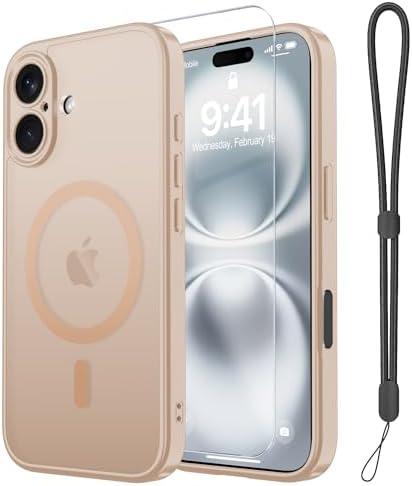 Janmitta Magnetic for iPhone 16 Case,with Screen Protector+Wrist Strap,Compatible with MagSafe,Camera Protection,Military Grade Drop Protection,Slim Translucent Matte Phone Cover,Sand Pink