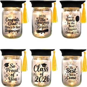RAWILL 6 Sets Class of 2026 Graduation Centerpieces for Tables-Light Up Table Decorations with Mini Grad Caps,Graduation Mason Jar for College & High School Celebrations High School Party Supplies