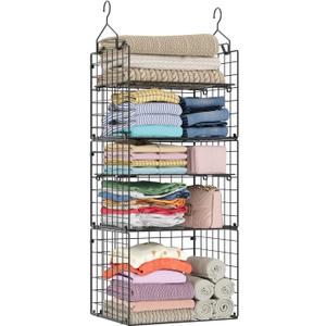 X-cosrack Closet Hanging Organizer Shelves - 5 Tier Wardrobe Organizers and Storage Bin, Hanging Organizer Shelves, Clothes Shelf with Adjustable Dividers for Bedroom Closet Sweater Shoes Handbag