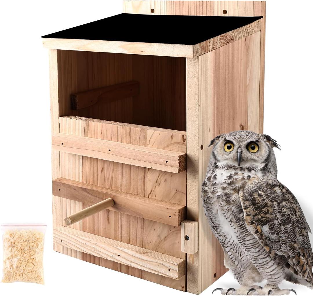 Owl House Premium Cedar Wood Screech & Barn Owl Nesting Box - Large Handmade Bird House with Rectangular/Circular Opening, Mounting Screws, and Cedar Shavings Included - Easy Assembly