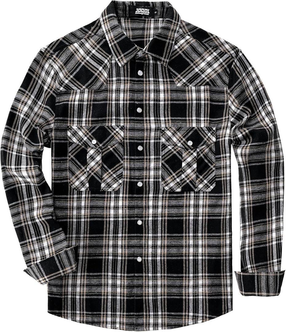 JOGAL Mens Western Pearl Snap Shirts Plaid Lightweight Flannel Shirt Long Sleeve Work Shirts for Men (Large, Black Khaki)