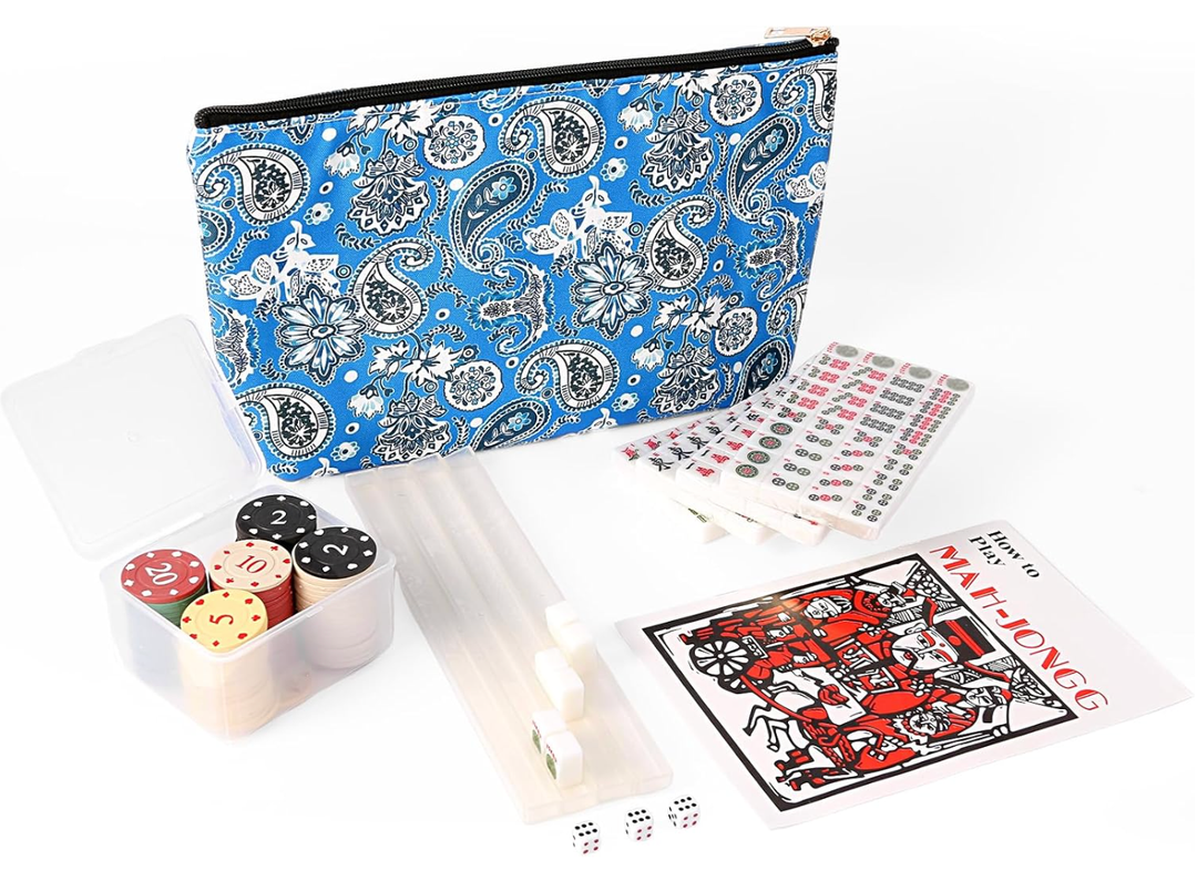 Xelbreelark Mini Mahjong Travel Set, American Travel Mahjong Game with 166 White Tiles (0.8"), Complete Portable Set Includes 4 Racks, Rules, Chips,Dice & Blue Printed Bag