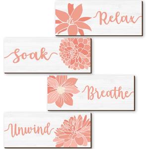 Yulejo 4 Pieces Elegant Bathroom Wall Decor Sign - Coral Accessories, Relax Soak Unwind Breathe Wall Art, Farmhouse Rustic Wood Plaque for Spa Bedroom (Pink)