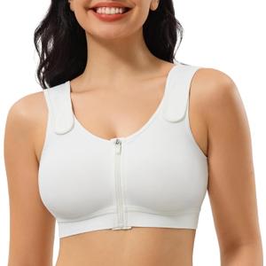 CYDREAM Zip Front Closure Wireless Bras for Women Full Coverage Post Surgery Compression Back Smoothing Comfort Adjustable (Large, White)
