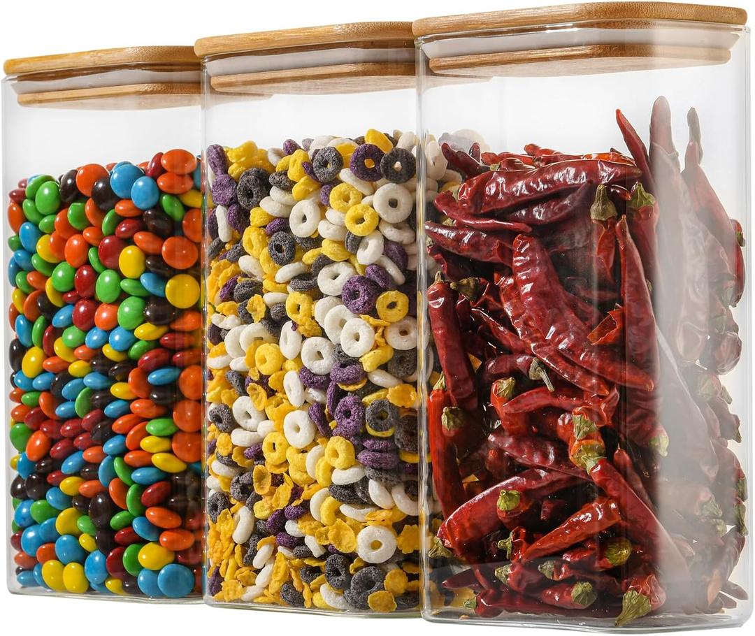 56oz Rectangle Airtight Glass Storage Containers with Bamboo Lids (Set of 3), Square Food Storage Jar, Pantry Organizers for Oats, Cereal, Pasta and Coffee beans (with Black Lable)