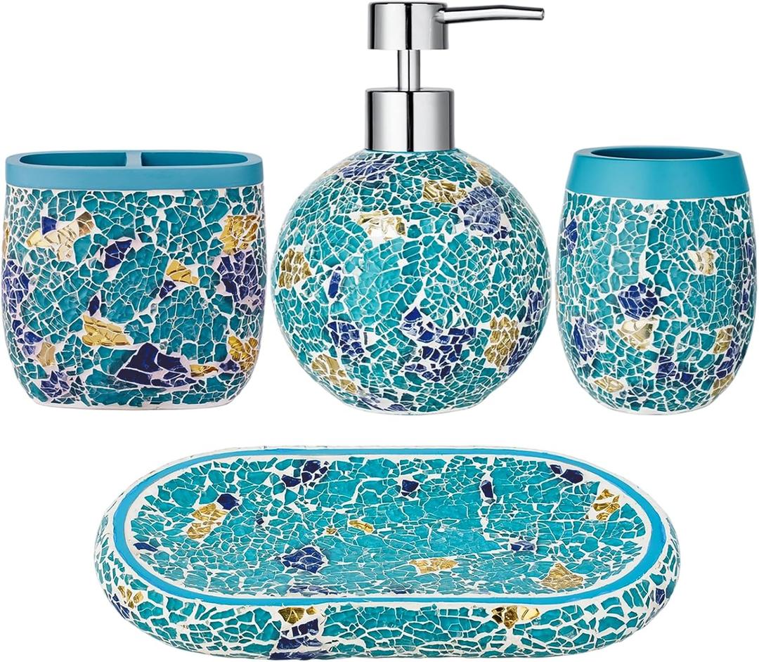 Handmade Blue Mosaic Glass Bathroom Accessory Sets 4PCS Bathroom Accessories Set Complete Includes Lotion Dispenser Toothbrush Holder Tumbler Cup & Vanity Tray
