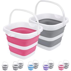 2 Pack Collapsible Buckets 5L 1.3Gallon Small Cleaning Bucket for Household Portable Plastic Bucket Outdoor Car Washing Tub Foldable Camping Beach Sand Water Pot Pail Space Saving Square Grey and Pink