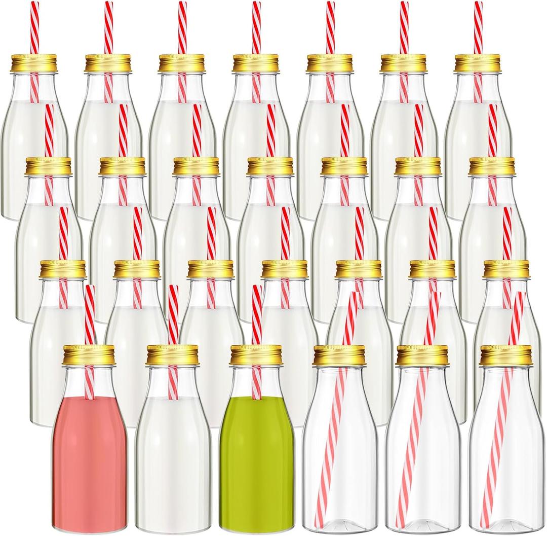 Irenare 40 Sets Plastic Small Milk Bottles with Straws and Metal Lids Clear Plastic Bottle for Dairy Milk Party Bottle for Milk Juices Shakes Smoothies, 40 Bottles and 40 Straws (Gold,8 oz)