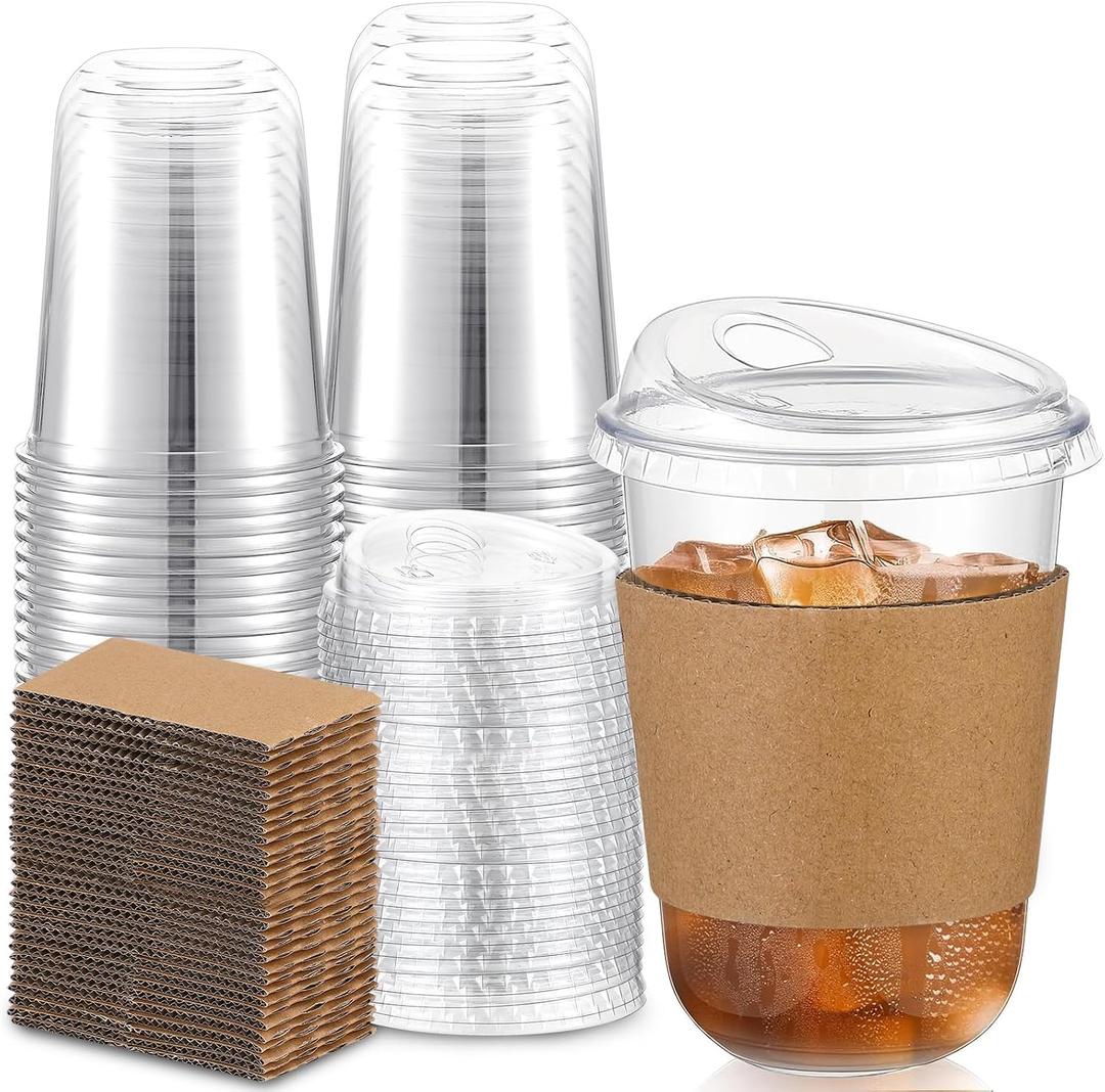 Baderke 50 Sets Clear Plastic Coffee Cups with Sip Lids and Cup Sleeve, Disposable Clear Pet Cups for Iced Coffee Cold Beverage, Shops and Party Catering (16 oz) (EXP 02/04/26)