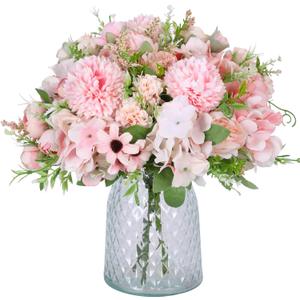 Nubry 3pcs Artificial Flowers Bouquet Fake Peony Silk Hydrangea Wildflowers Arrangements with Stems for Wedding Home Centerpieces Decor (Light Pink)
