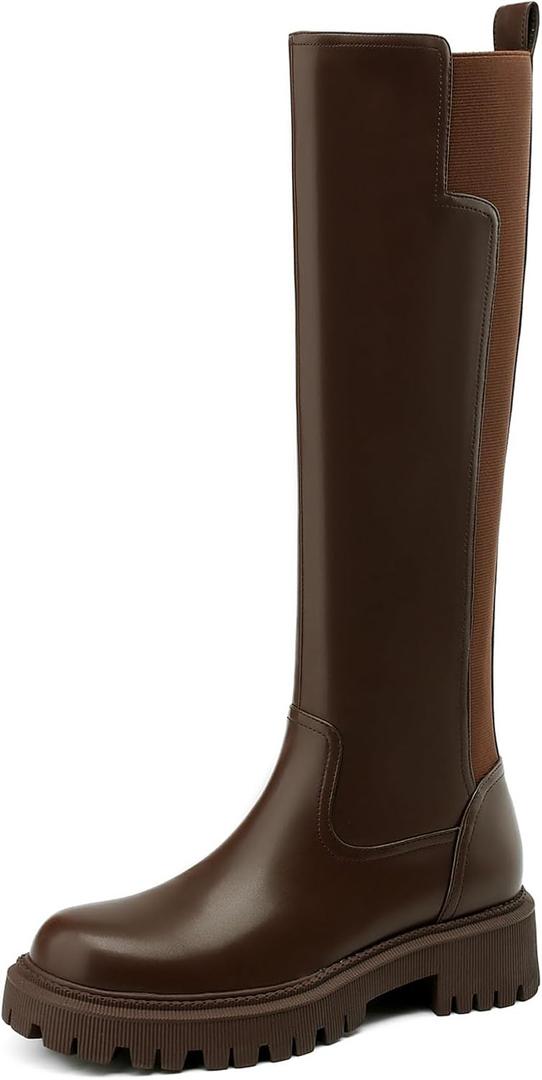 Women's Knee High Boots Fashion Platform Lug Sole Tall Riding Boots Comfortable Stretch Calf Dress Long Boots (8, Brown)
