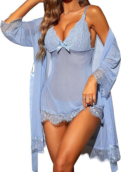 RSLOVE Women Sexy Lingerie Set 2 Piece Babydoll & Lace Kimono  Chemise Sleepwear Mesh Nightgown(L)