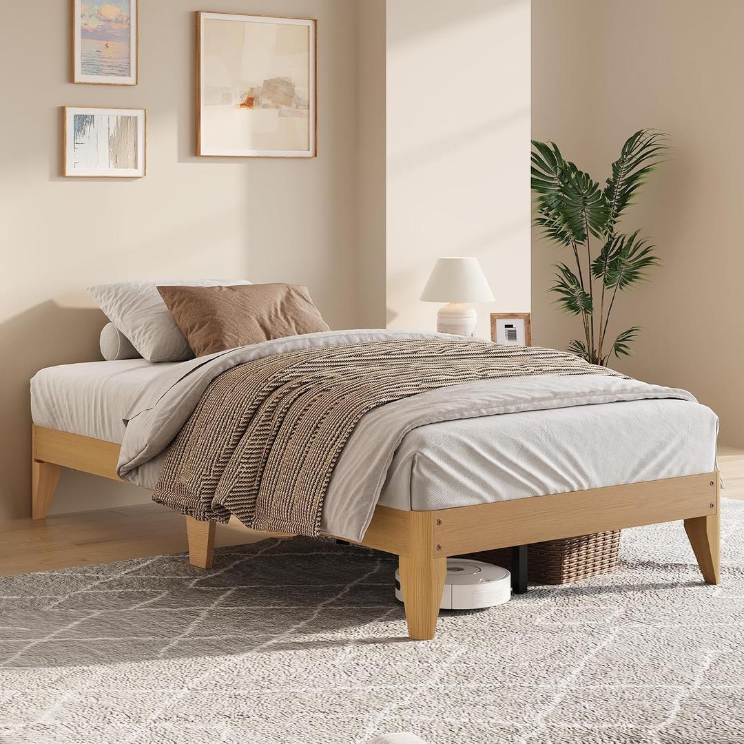 Garvee Twin XL Size Wood Platform Bed Frame, Solid Wood Legs and Slats