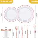 Goodluck 350 Piece Rose Gold Plastic Dinnerware Set for 50 Guests, Fancy Disposable Plates for Party, Include: 50 Dinner Plates, 50 Dessert Plates, 50 Pre Rolled Napkins with Silverware, 50 Cups