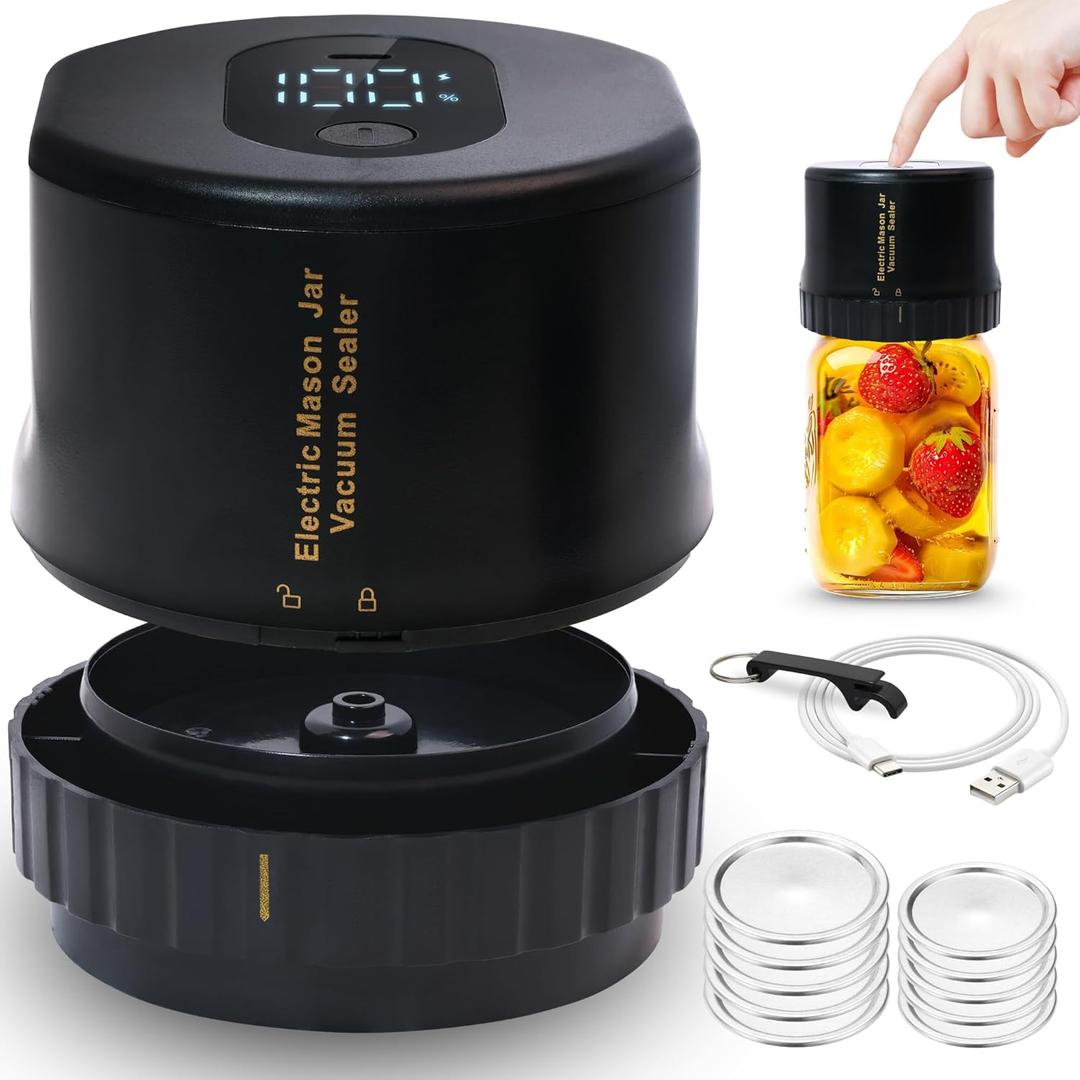 All-New 2026 Electric Mason Jar Vacuum Sealer Kit – Automatic Rechargeable Sealer for Mason Jars – Includes 5 Lids (Regular & Wide Mouth), Lid Opener, & Type-C Cable – Eco-Friendly Food Preservation