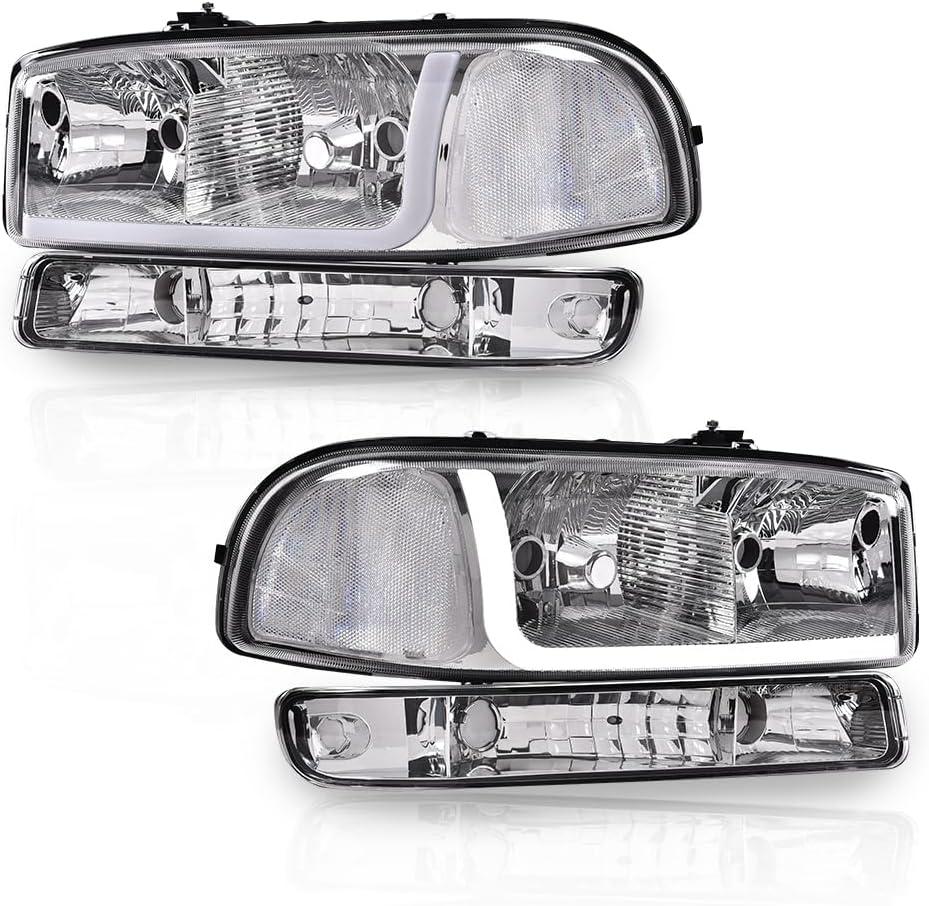 G-PLUS LED Headlights Assembly Fit GMC Sierra 1500HD 2500HD 3500 1999-2007/Fit GMC Yukon XL 1500 2500 1999-2006,Headlamps Clear Lens Chrome Housing Clear Reflector