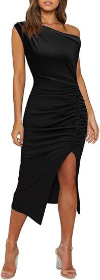 OWIN Women's Sexy Elegant Off Shoulder Sleeveless Side Slit Ruched Bodycon Wedding Guest Cocktail Party Midi Dress L Black