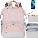 Kaome Lunch Backpack 15.6 Inch Laptop Backpack for Women with USB Port Nurse Gift Teacher Work Backpack Cooler Insulated Lunch Bag Waterproof Daypacks for Work Picnic Travel Anti-theft (Grey Pink)