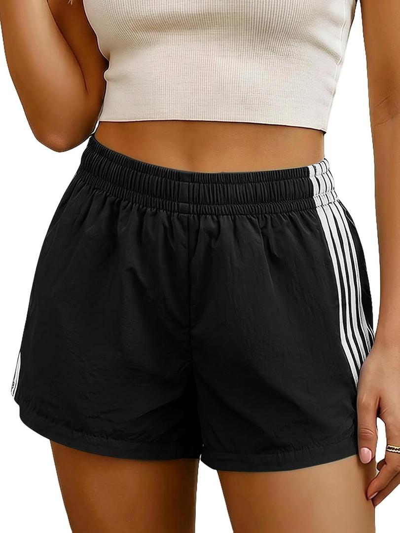 MakeMeChic Women's Striped Summer Shorts Workout Running Shorts Mini Micro Sweat Track Shorts Gym Athletic Wear (Black, L)