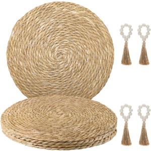 Woven Placemats Set of 4, 12" Natural Water Hyacinth Round Rattan Placemats with Wooden Beads Napkin Rings for Kitchen Dining Table Decor