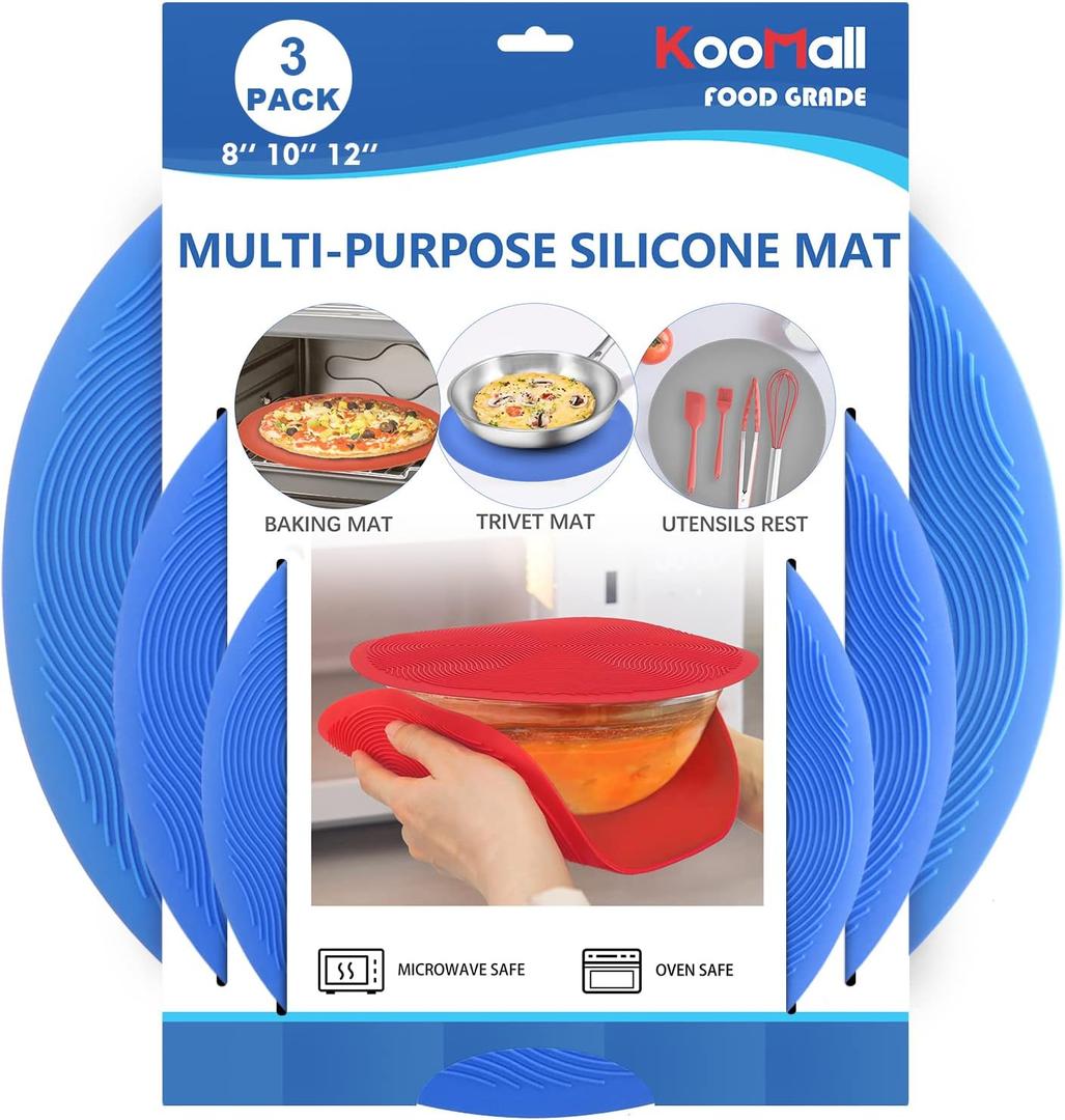 KooMall 12 10 8 Inch Multi-use Microwave Mat, Trivet, Pot Holders, Drying, Baking, Place Mat, Utensils Rest, Silicone Cover Pad for Hot Pot Pans Bowls Plates Dishes Kitchen Counter, Heat Resistant, Blue