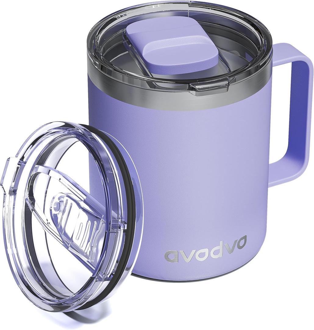 12oz Insulated Coffee Mug with Lid  Includes Two Lids, Stainless Steel Coffee Travel Mug with Handle, Double Wall Vacuum Insulated Camping Mug for Home, Office & Outdoor, Periwinkle Purple