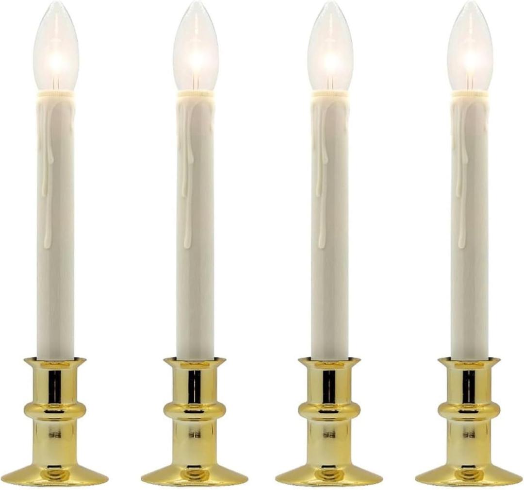 Celestial Lights Set of Four Battery Operated Remote Programmable Window Hugger Candle for Narrow Window Sills Daily Timer Choose 6, 8, or 10 Hours Flicker or Steady (Brass)