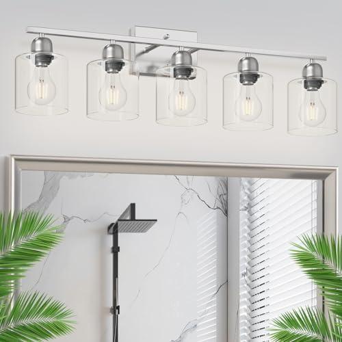 FAISHILAN Modern Brushed Nickel 5 Light Bathroom Vanity Light, 31 inch Bathroom Lights Fixtures, Vanity Lights for Mirror Kitchen Living Room Hallway Cabinet Porch