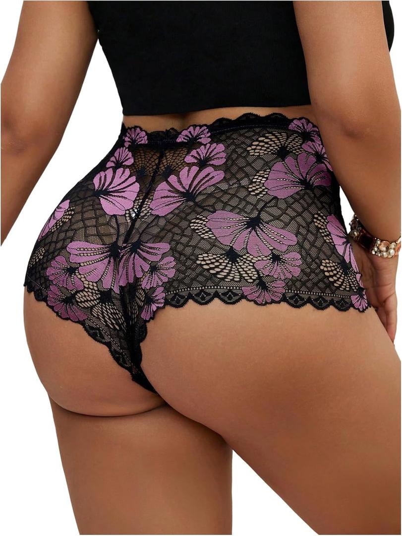 WDIRARA Women's Plus Size Sheer Lace Boyshorts Underwear Sexy High Waisted Boxer Briefs Panties (4X-Large Plus, Black and Pink)