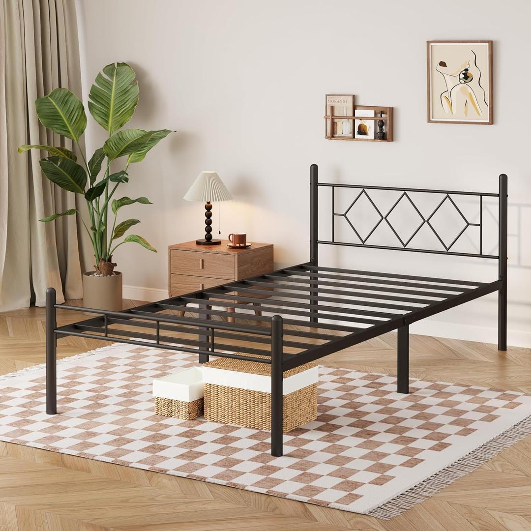 14 Inch Twin Size Bed Frame No Box Spring Needed,Heavy Duty Metal Platform with headboard and Footboard, Noise Free, Sturdy Steel Slat Support, Easy Assembly(Black and Rhombus)